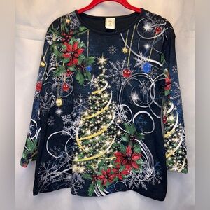 Jess & Jane Christmas Joy Artsy Print 3/4 Sleeve Crewneck Top - Size XL